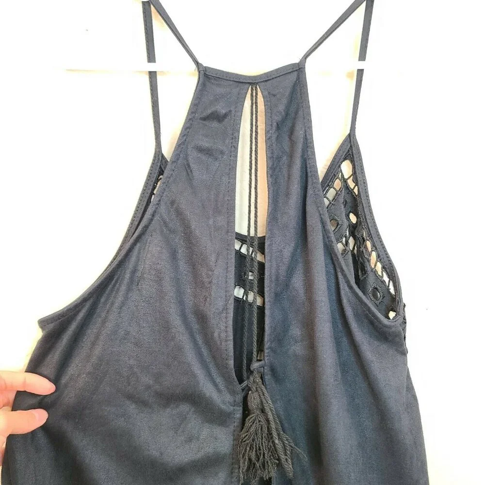 NU New York Womens Shirt Top Small Blue Eyelet Halter Open Back Tasseled Casual - Picture 11 of 12